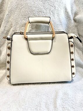 Ivory Structured Top Handle Satchel | Minimal Chic Crossbody Bag w Wood Handle